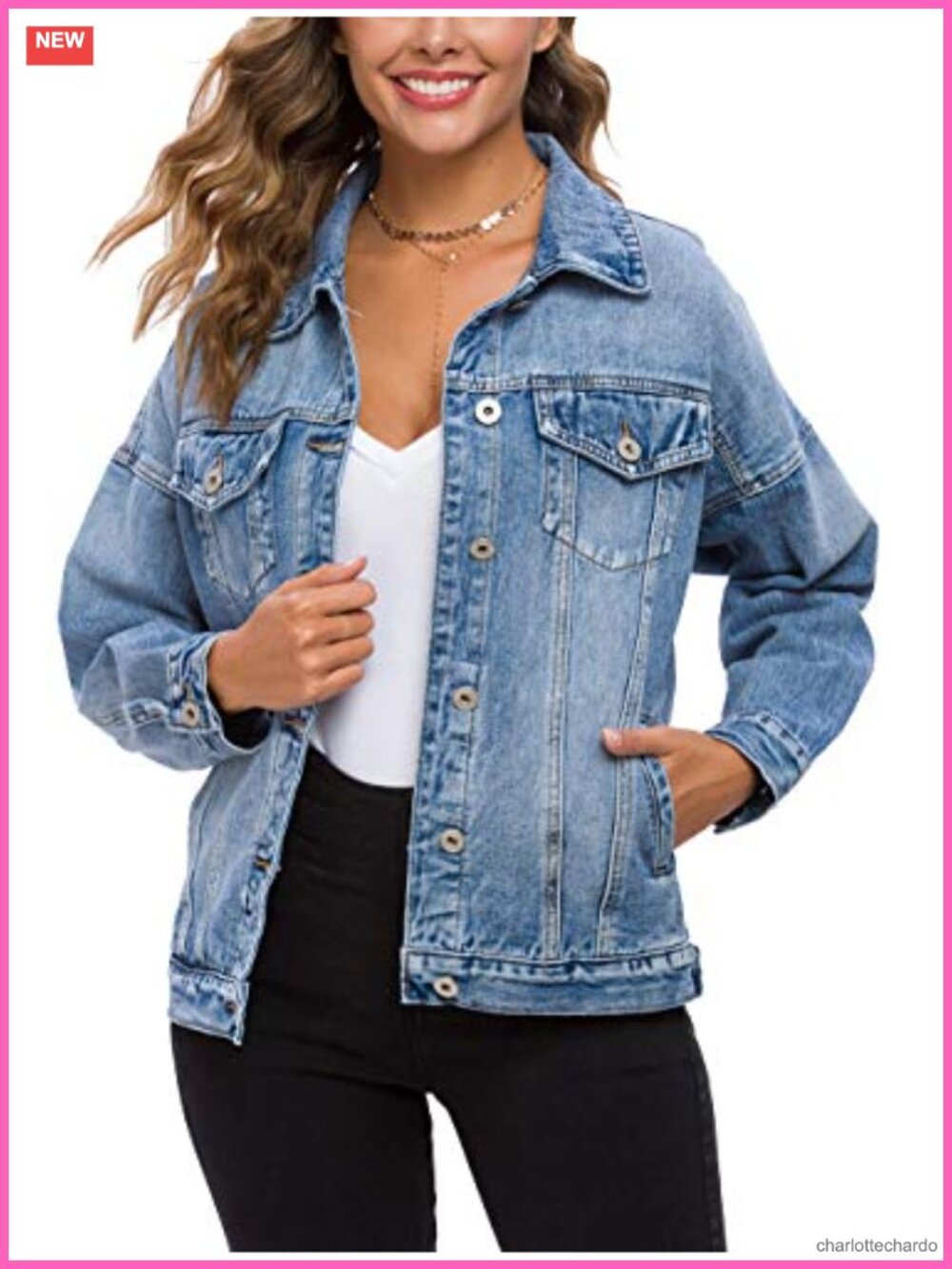 Oversized Vintage Washed Denim Jacket Long Sleeve Casual Classic Patch Pockets